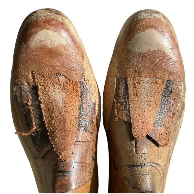 Mid-Century Modern Pair of 1920s Wood Shoe Molds With Applied Leather, European Size 42 For Sale - Image 3 of 8