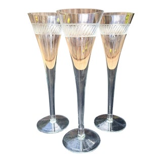 Antique Art Deco Crystal Champagne Flutes 10" Engraved Chevron Set of 3 For Sale