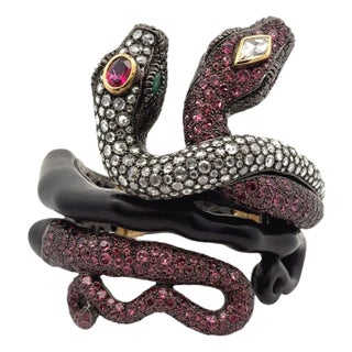 Pink Tourmaline Diamond Silver-18k Gold-Wooden Snake Bracelet For Sale