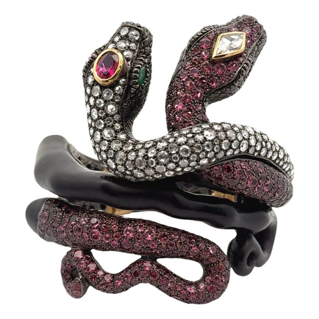 Pink Tourmaline Diamond Silver-18k Gold-Wooden Snake Bracelet For Sale