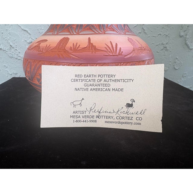 Signed Native American Mesa Verde Pottery Carved Red Earth Vessel With Certificate of Authenticity For Sale - Image 9 of 9