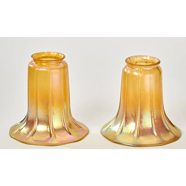 Pair of Mid 20th Century Tiffany Style Fluted Trumpet Art Glass Lamp Shades For Sale In Phoenix - Image 6 of 7