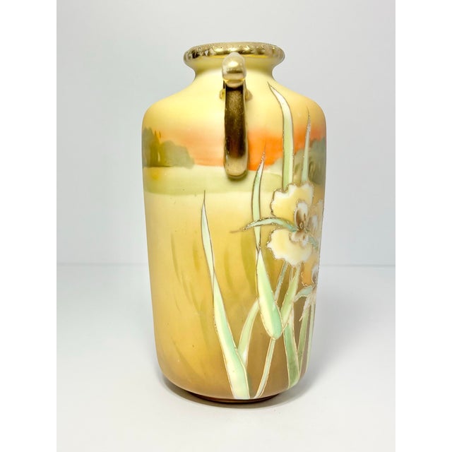Antique 1910s Morimura Nippon Art Nouveau Iris Flower Landscape Handled Vase For Sale - Image 4 of 12