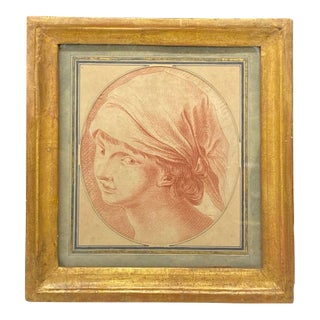 18th Century French Sanguine Red Chalk Drawing of a Boy in a Kerchief in Early Gold Gilt Frame For Sale