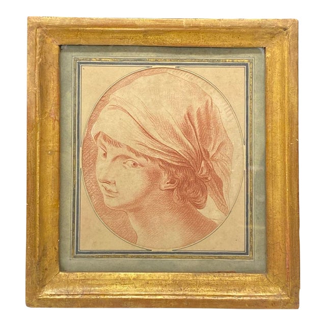18th Century French Sanguine Red Chalk Drawing of a Boy in a Kerchief in Early Gold Gilt Frame For Sale