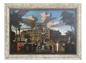 Mid 17th Century "Palace Courtyard" Dutch School Oil Painting, Framed