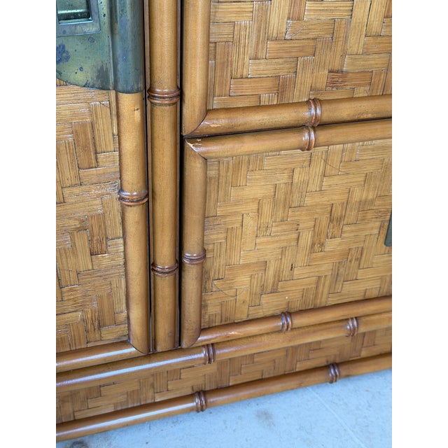 Ornamental & Decorative Materials Vintage Boho Coastal Dixie Campaign Style Faux Bamboo Sideboard With Herringbone Panels For Sale - Image 7 of 12