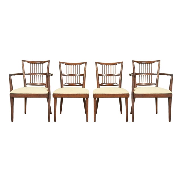 Paul McCobb Style Mid-Century Modern Sculpted Walnut Spindle Back Dining Chairs, Set of Four For Sale