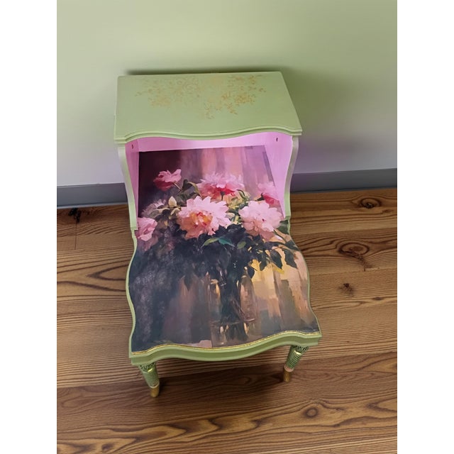 Wood Whimsical Cottage Revival Artichoke Green & Peony Tiered Side Table For Sale - Image 7 of 12