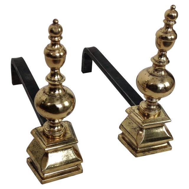 Metal Mid-Century Italian Brass and Wrought Iron Andirons, Set of 2 For Sale - Image 7 of 7