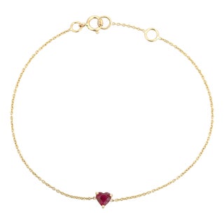VRJewels Minimalist Prong Set 14k Solid Gold Ruby Heart Bracelet for Love For Sale