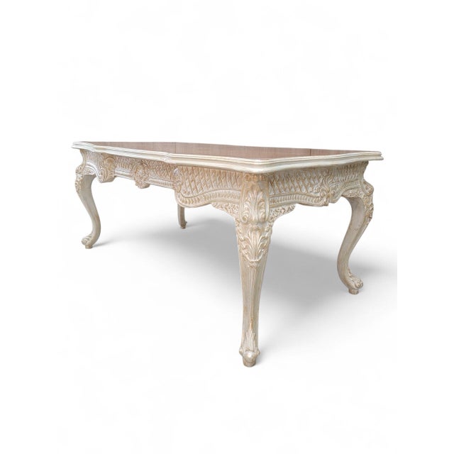 Vintage French Provincial Style Carved Antique White 3 Drawer French Mahogany Inlay & Book Matched Satin Writing Desk...