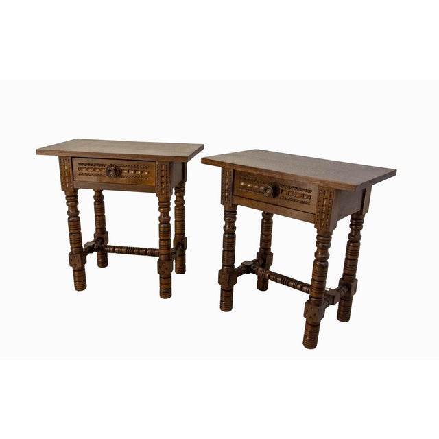 Mid-Century Modern Mid-Century Spanish Style Bedside Tables in Oak, France, 1960s, Set of 2 For Sale - Image 3 of 13
