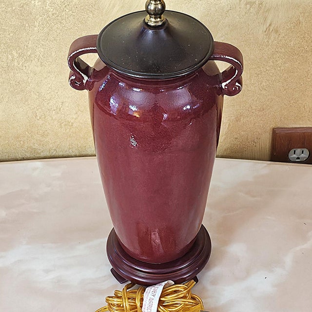 Vintage Burgundy Glazed Ceramic Table Lamp With Bell Shade, Circa Late 20th Century For Sale - Image 17 of 18