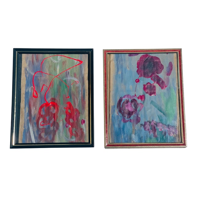 1980s Pair Abstract Paintings Florida Florals in Red and Purple by Elia Framed For Sale