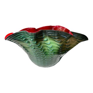 Large Modern Green and Red Art Glass Ruffled Wave Free Form Bowl or Vase For Sale