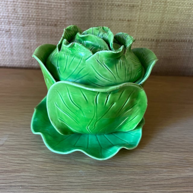 French Jean Roger Style Ceramic Majolica Green Cabbage Tureen With Under Plate