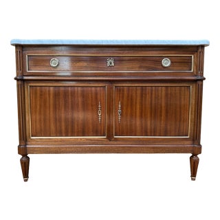Louis XVI Style Low Sideboard in Mahogany and Carrara Marble For Sale