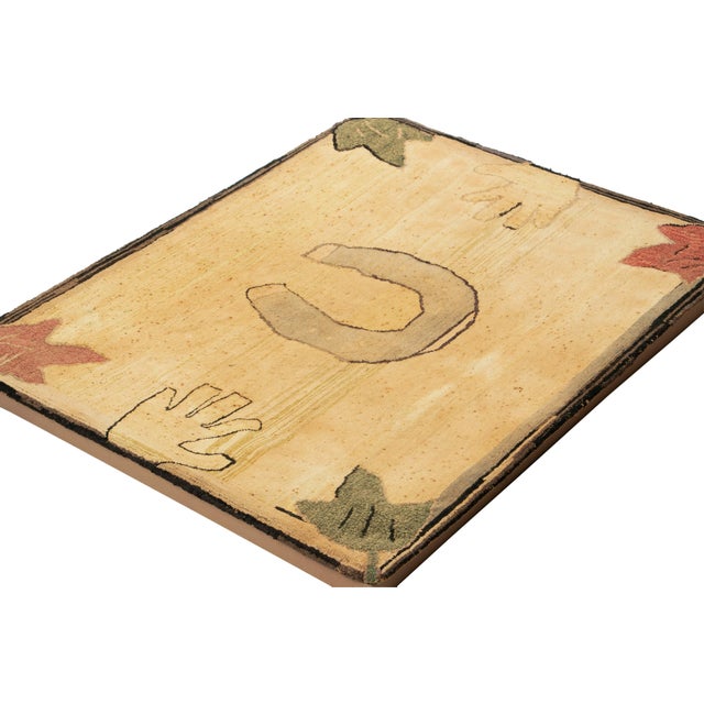 Traditional Antique Framed Hooked Rug in Cream With Horseshoe Pictorial - Rug & Kilim For Sale - Image 3 of 4