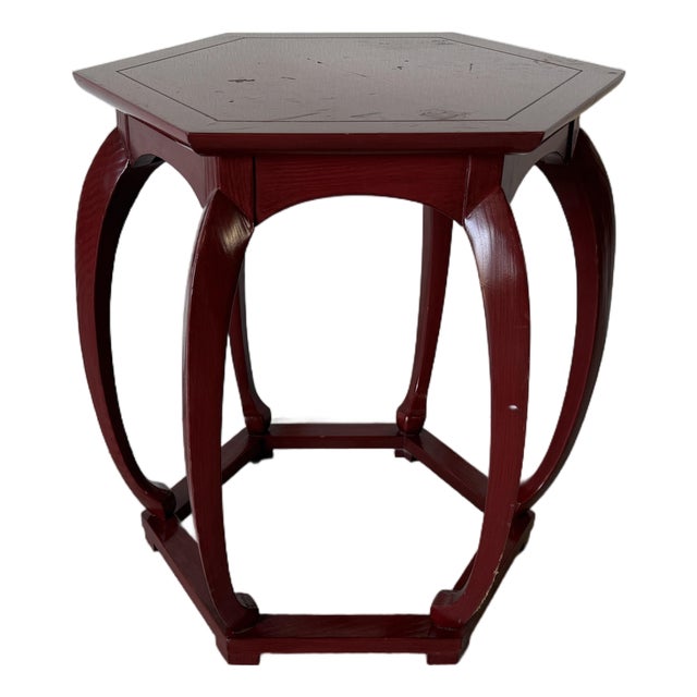 Baker Furniture Chinoiserie Style Red Lacquer Hexagonal Side Table For Sale