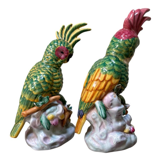 Mid-Century Modern Pair Cockatoo Parrot Bird Figurines Table Sculptures - Hand Painting Chinese Porcelain Book Matching Set - Chelsea House Mottahedeh Style For Sale - Image 3 of 7