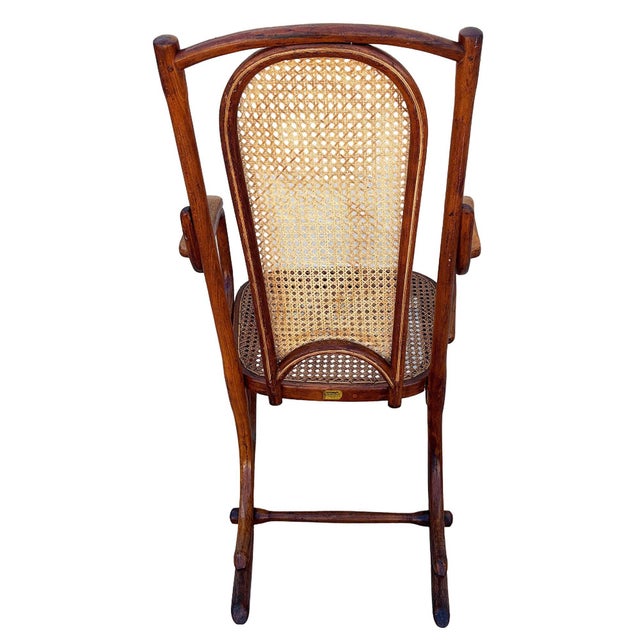 Brown Mid-Century Portuguese Bent Oak & Caine Scrolling Rocking Chair No. 5585 For Sale - Image 8 of 11