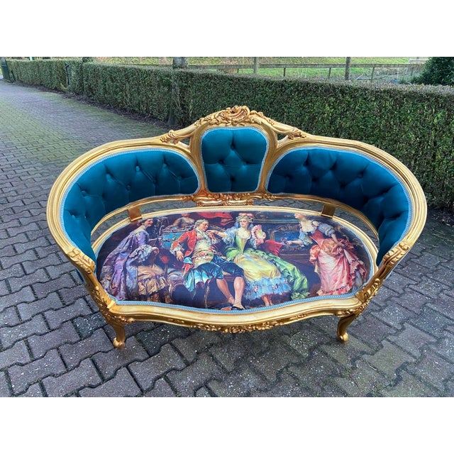 1970s French Louis XVI Blue Velvet Gilt Beechwood Corbeille Settee For Sale - Image 14 of 15