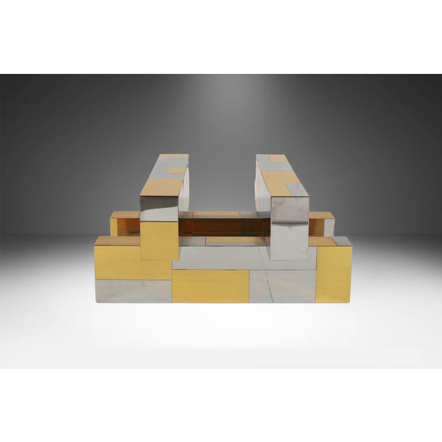 Directional Mid Century Modern Attributed to Paul Evans Cityscape Brass Chrome Glass Coffee Table For Sale - Image 4 of 12