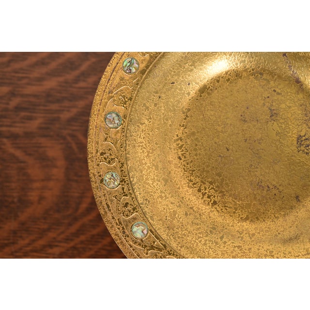 Metal Tiffany Studios New York Bronze Doré Pedestal Bowl or Compote Dish With Abalone Inlay For Sale - Image 7 of 15