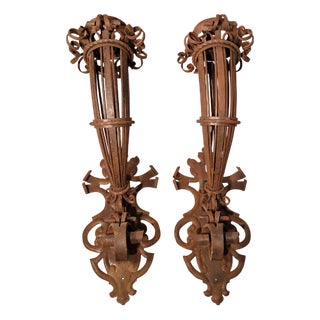 Large Wrought Iron Wall Lamps with Floral Motifs, 1920s, Set of 2 For Sale