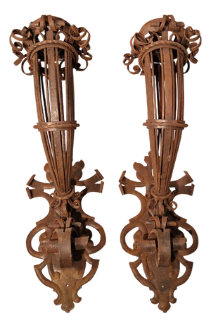 Large Wrought Iron Wall Lamps with Floral Motifs, 1920s, Set of 2