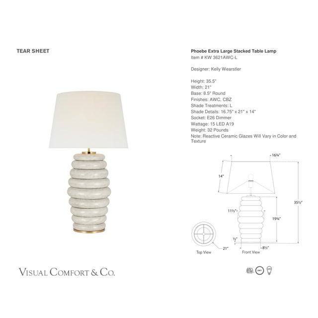 Kelly Wearstler by Visual Comfort Signature Phoebe Extra Large Stacked Table Lamp in Antiqued White with Linen Shade...