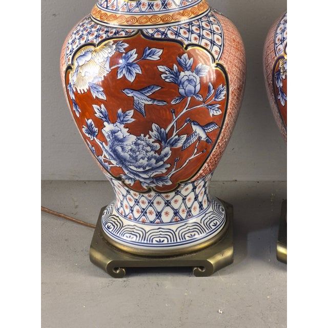 Vintage Table Lamps Floral Asian Japanese Imari Brass Base - a Pair For Sale - Image 11 of 17