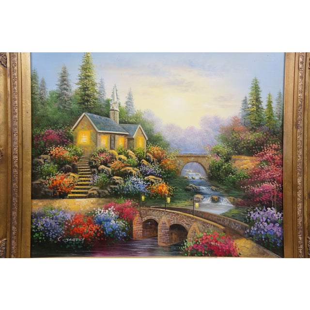 Late 20th Century Late 20th Century C. Jaffey Cottage Garden Stream Landscape Oil Painting on Canvas 31" For Sale - Image 5 of 12