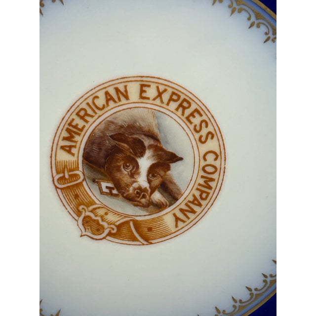 Ceramic Rare Antique American Express Blue and White Advertising China Cabinet Plate Watchdog Logo Onondaga Pottery Syracuse, China For Sale - Image 7 of 10