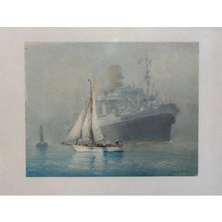 Marin-Marie, Winnibelle in Front of an Ocean Liner, Signed Color Engraving For Sale