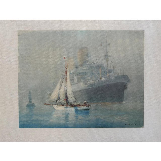 Marin-Marie, Winnibelle in Front of an Ocean Liner, Signed Color Engraving For Sale