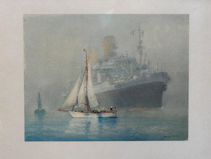 Marin-Marie, Winnibelle in Front of an Ocean Liner, Signed Color Engraving