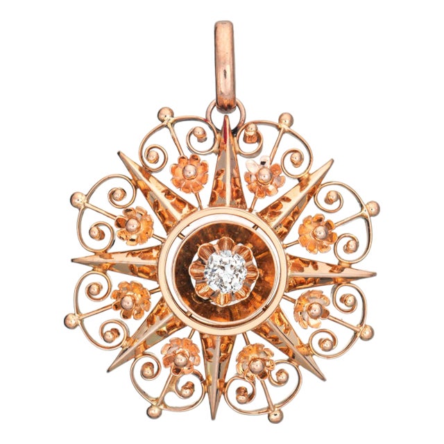 Antique Victorian Starburst Pendant Diamond 14k Rose Gold Fine Flower Jewelry For Sale
