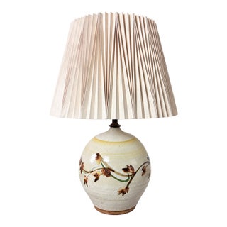 1970s Studio Pottery Botanical Ceramic Table Lamp With Sculptural Pleated Shade For Sale