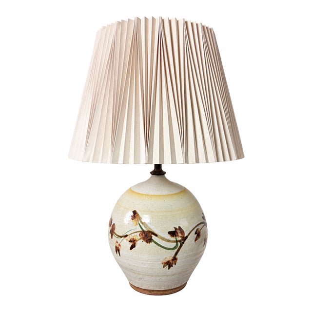 1970s Studio Pottery Botanical Ceramic Table Lamp With Sculptural Pleated Shade For Sale
