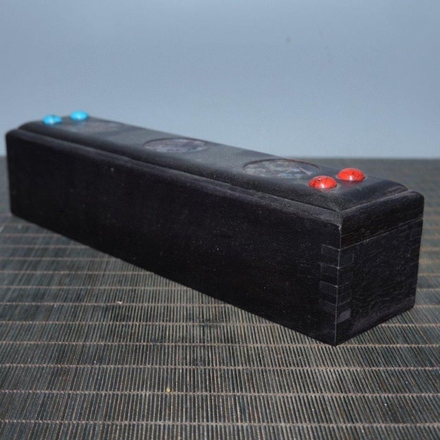 Art Deco Vintage Rosewood Sliding Box With Abalone Shell & Turquoise Inlay - Long Jewelry or Incense Box For Sale - Image 3 of 9