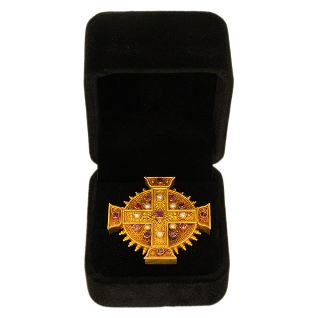 An elegant and important antique Italian Renaissance Revival 22k gold brooch or pendant, set with rubies and seed pearls...