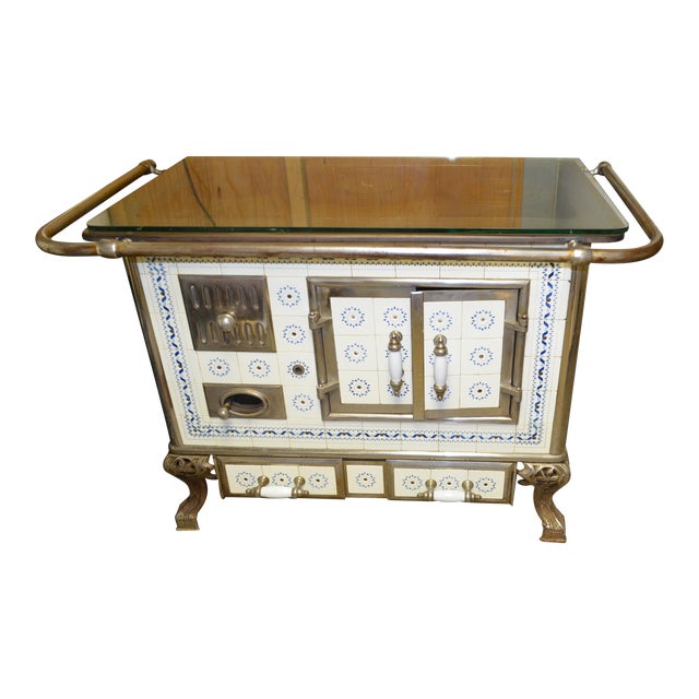 Antique European French Belgium Cast Iron Tiled Wood Coal Burning Stove