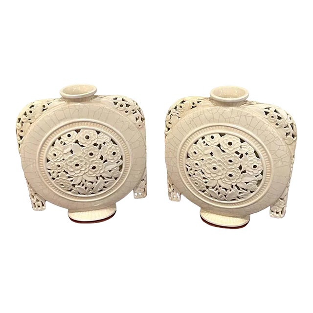 1920s French Art Deco Pierced Moon Flask Vases by, Henri Chaumeil - A Pair For Sale
