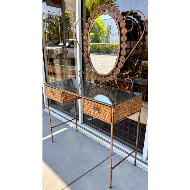 French Country 1970's Wicker & Rattan on Iron Frame, Vanity For Sale - Image 3 of 13