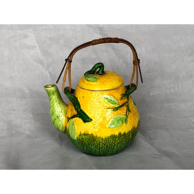 Decorative Ceramic Melon Fruit Teapot With Bamboo Handle For Sale - Image 4 of 13