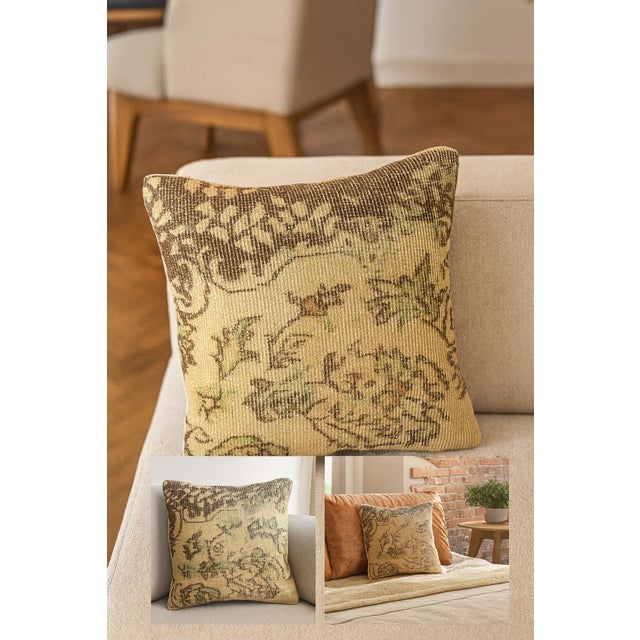 Vintage Turkish Rug Pillow Cover, Handwoven Wool Isparta Floral Cushion, Moody Dark Brown Boho Pillow, 16x16 In For Sale - Image 6 of 8