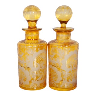 Antique Pair 19th Century Etched Bohemian Amber Glass Wine Liquor Decanters 1880 For Sale