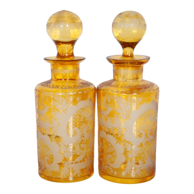 Antique Pair 19th Century Etched Bohemian Amber Glass Wine Liquor Decanters 1880 For Sale